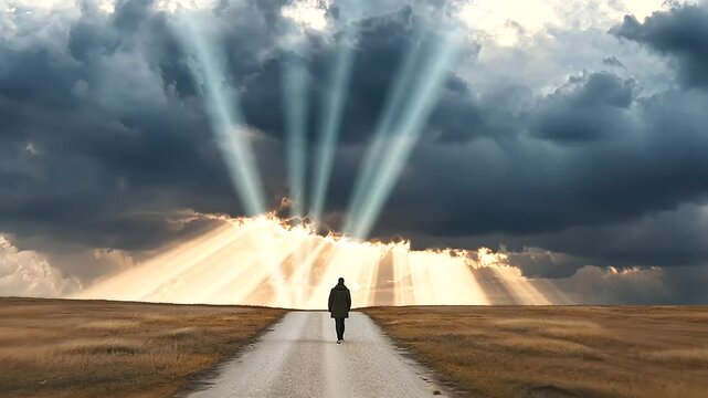 Figure Walking Alone on Road Under Stormy Sky