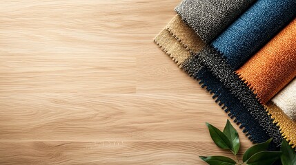 Fototapeta premium A flat lay of colorful fabric samples on a wooden surface, perfect for showcasing interior design and textile options.
