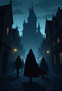 Silhouetted People in Wizard or Thief Type Cloaks in a Dark Nighttime Fantasy City Approaching a Towering Black Castle