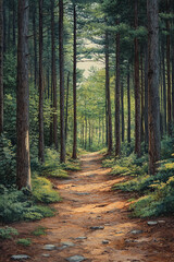 Fototapeta premium Sunlit Forest Path Through Tall Pine Trees