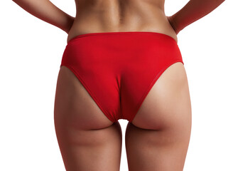 Obraz premium A woman is wearing red underwear and is posing for a picture on a transparent background.