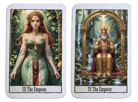 Two Tarot cards of the major arcana on transparent background. The empress (3) and the emperor (4)