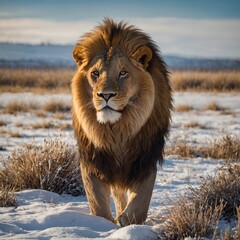 A lion in a snow-covered savanna under a radiant winter sun.