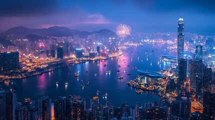 Fototapeta premium Stunning aerial view of a vibrant cityscape at night, showcasing shimmering lights.