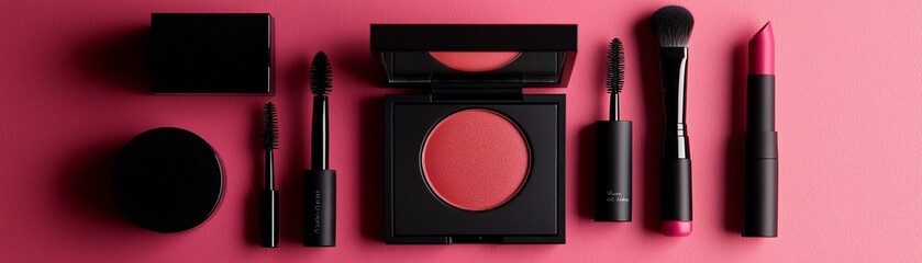 An arrangement of various makeup products on a pink background, showcasing beauty essentials like lipstick and blush.