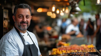 Chef preparing delicious street food dishes outdoors.