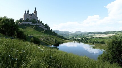 Scenic landscape featuring a castle by a tranquil lake.