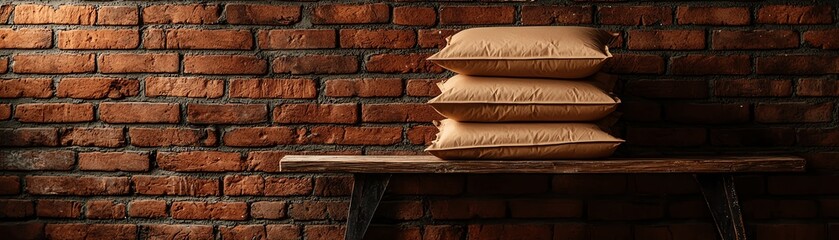 Fototapeta premium Cozy and rustic setting featuring stacked burlap sacks against a brick wall, perfect for a vintage aesthetic.