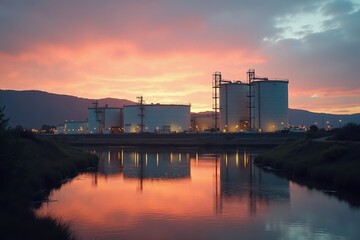 Obraz premium A modern oil storage facility with multiple tanks is situated near a river at sunset, casting reflections on the water. The background features hills and a colorful sky