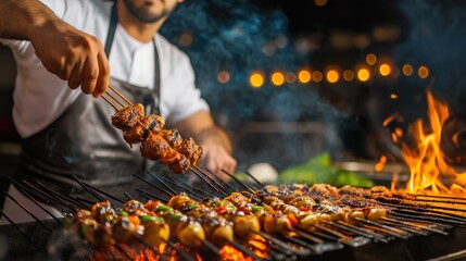 Chef preparing delicious skewers over flames