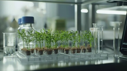 Laboratory setup with growing plants in test tubes for research.