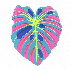 Trendy risograph print with texture style. Set of hand-drawn leafs. Graphic drawing of colorful leaves on white background. Illustration of leaf.