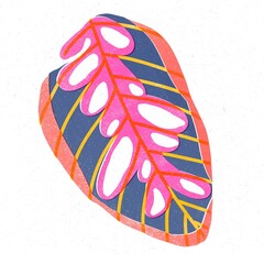 Trendy risograph print with texture style. Set of hand-drawn leafs. Graphic drawing of colorful leaves on white background. Illustration of leaf.