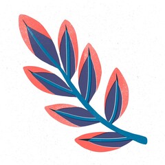 Trendy risograph print with texture style. Set of hand-drawn leafs. Graphic drawing of colorful leaves on white background. Illustration of leaf.