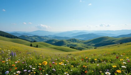 Fototapeta premium Vibrant wildflowers bloom across rolling green hills and mountains
