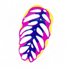 Trendy risograph print with texture style. Set of hand-drawn leafs. Graphic drawing of colorful leaves on white background. Illustration of leaf.