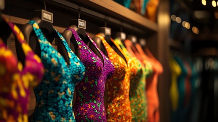 Colorful collection of vibrant dresses displayed on hangers in boutique, showcasing various styles and patterns for fashion enthusiasts.