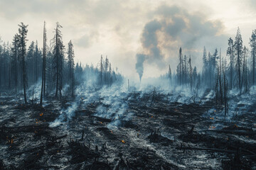 Burned forest with smoke rising in distance