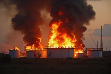 An oil storage facility is ablaze during the day, with flames shooting up from several tanks and dark smoke billowing into the air. Firefighters are working urgently to extinguish the fire