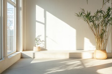 Fototapeta premium Sunlight streams into minimalist room with plants.