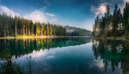Obraz premium A crystal-clear lake mirrors towering pine trees, creating a perfect harmony of earth and water