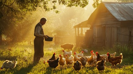 Farmer feeding chickens in a sunlit rural yard next to a rustic wooden barn. Warm golden light and free-range hens capture the peaceful, sustainable lifestyle of traditional countryside farming.