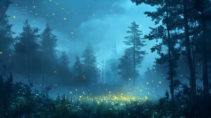 Obraz premium Enchanting night scene with glowing fireflies in a misty forest.
