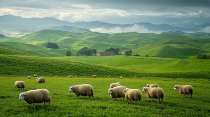 Obraz premium field with a flock of sheep grazing peacefully 