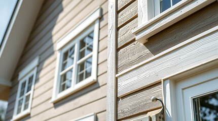 Modern House Exterior with Wooden Siding, Large Windows, and Elegant Design. High-Resolution Photo of a Beautiful Home