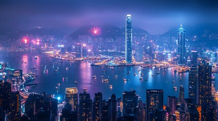 Stunning panoramic view of Hong Kong's skyline illuminated at night with vibrant fireworks.