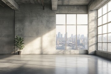 Sunlit industrial loft interior with city view. (1)