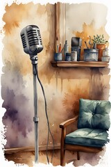 Microphone in a cozy home studio setting in watercolor style