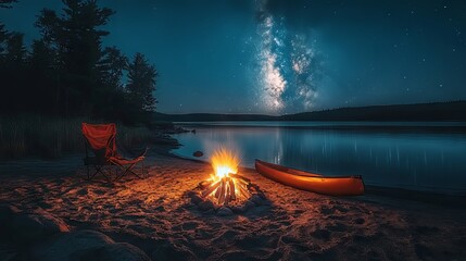 A serene night at the lakeside campfire with a canoe under a starry sky.