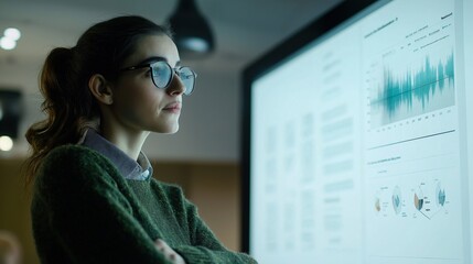 Businesswoman analyzing data on digital screen