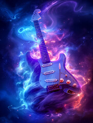 Obraz premium Electric guitar surrounded by swirling cosmic colors and lights at night. Generative AI