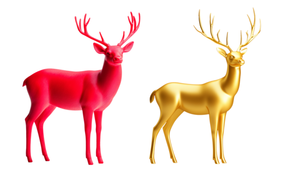 Red and gold stylized red deer figure with antlers isolated on white background, representing minimalism and charm of Christmas spirit.