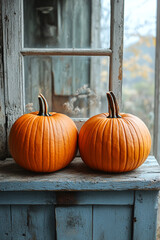 Two Orange Pumpkins Resting Near a Rustic Window