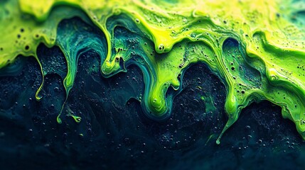 A wavy, slime-like surface with dripping textures in neon green and blue