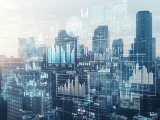 Obraz premium Futuristic Cityscape with Data Visualization Overlay: A Modern Metropolis Embracing Technological Innovation and Progress