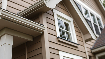 Elegant Home Exterior: Brown Siding, White Trim, and Classic Design. High-Quality House Architecture and Construction