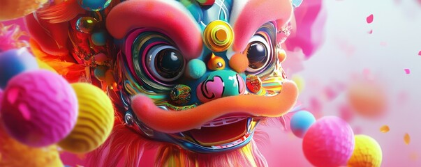 colorful lion dance costume, vibrant festive background, traditional celebration atmosphere, expressive eyes, intricate details, bright colors, cultural significance