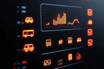Close-up of modern vehicle dashboard with illuminated icons and data display. Futuristic interface showing vehicle status and controls.