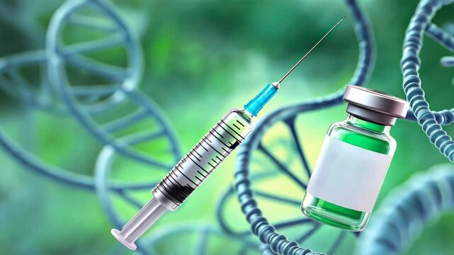 3d rendering of syringe and vaccine vial with dna helices in the background, focusing on biosimilar insulin, insulin pumps, and hyperglycemia care