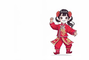 Cute line art of a teenage Chinese girl in a red outfit performing dance for Chinese New Year ,funny girl with a smile