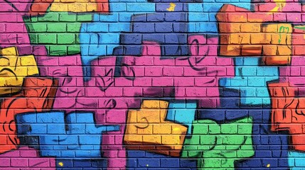 Obraz premium A cartoon brick wall with uneven, exaggerated bricks and colorful graffiti