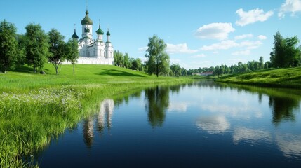 Fototapeta na wymiar Serene Church by the River