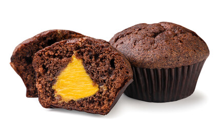 Chocolate muffin and two halves on a white background. Isolated