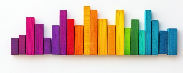 Colorful wooden blocks arranged in a creative pattern, representing a sound wave or bar chart on a white background Vibrant hues create an engaging visual concept