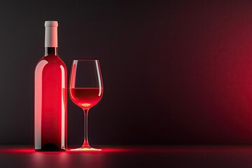 Elegant red wine bottle and glass on a dark background with soft lighting, creating an inviting and sophisticated atmosphere.