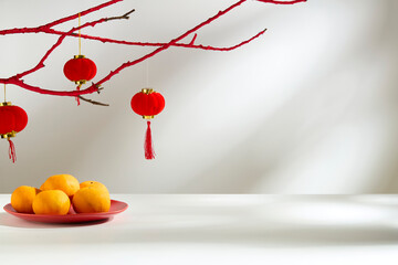 Lunar New Year scene: Chinese lanterns hang from a red-painted branch above a red bowl of mandarin oranges on a white surface, against a light grey background. An empty space for showcasing products.